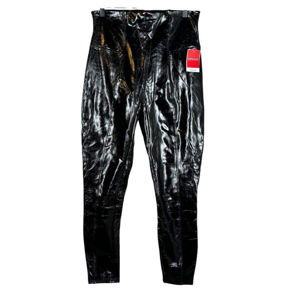 NWT Spanx Faux Patent Leather Leggings Black Pants Compression Size Large
